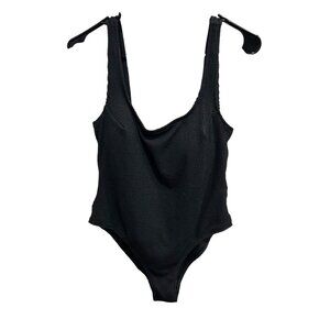 Black Textured One-Piece Swimsuit With Scoop Neck High-Cut Legs